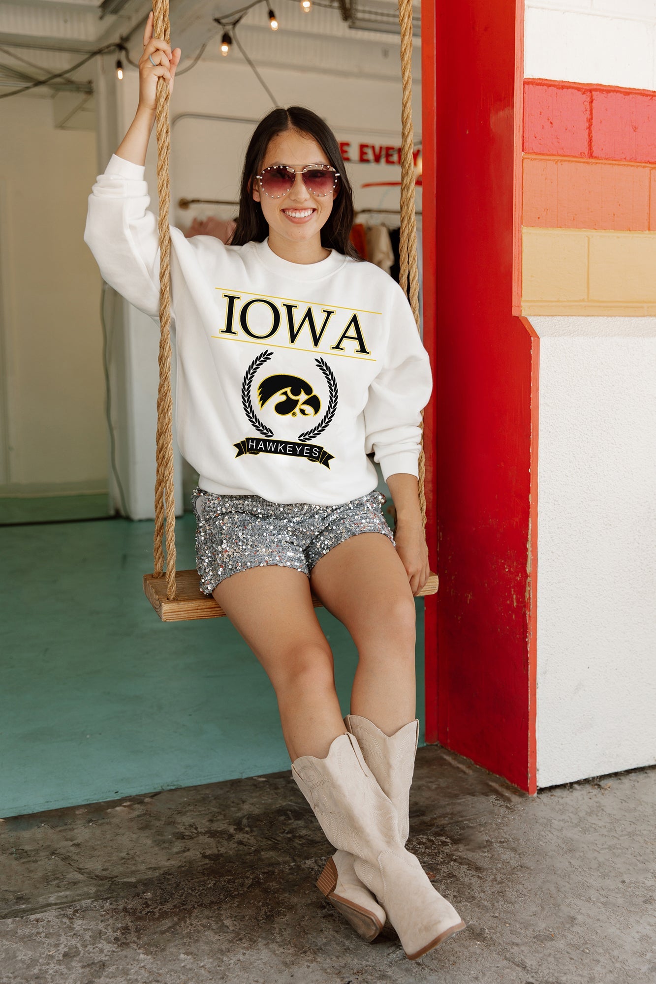 IOWA HAWKEYES HAVING A BALL PREMIUM FLEECE DROP SHOULDER CREWNECK PULLOVER BY MADI PREWETT