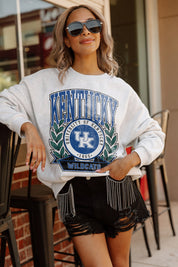 KENTUCKY WILDCATS GO FIGHT WIN PREMIUM FLEECE DROP SHOULDER CREWNECK PULLOVER BY MADI PREWETT