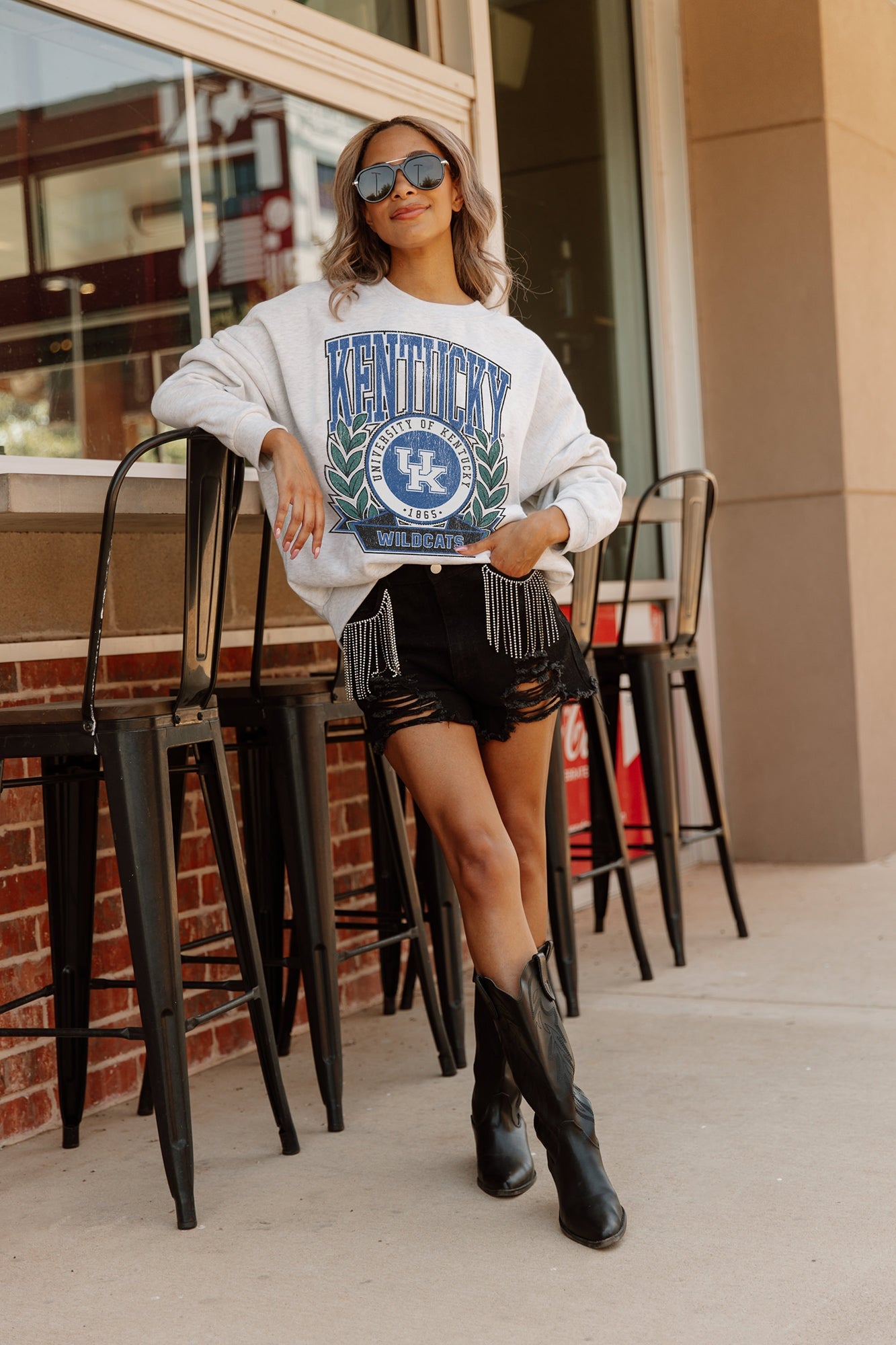 KENTUCKY WILDCATS GO FIGHT WIN PREMIUM FLEECE DROP SHOULDER CREWNECK PULLOVER BY MADI PREWETT