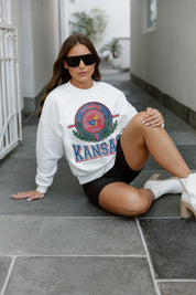 White Kansas Jayhawks HOT SHOT Fleece Crewneck Pullover - On Model Seated Styled Look | Gameday Couture - SOHO