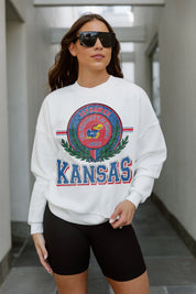 White Kansas Jayhawks HOT SHOT Premium Fleece Drop Shoulder Crewneck Pullover - Front View On Model | Gameday Couture - SOHO