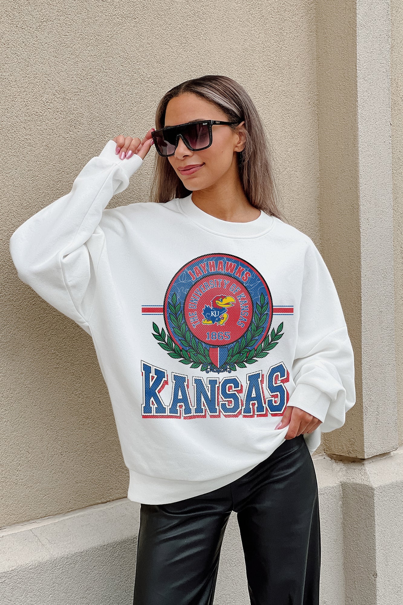 White Kansas Jayhawks HOT SHOT Fleece Crewneck Pullover - Graphic Detail Close-Up On Model | Gameday Couture - SOHO