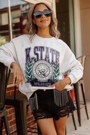 KANSAS STATE WILDCATS GO FIGHT WIN PREMIUM FLEECE DROP SHOULDER CREWNECK PULLOVER BY MADI PREWETT