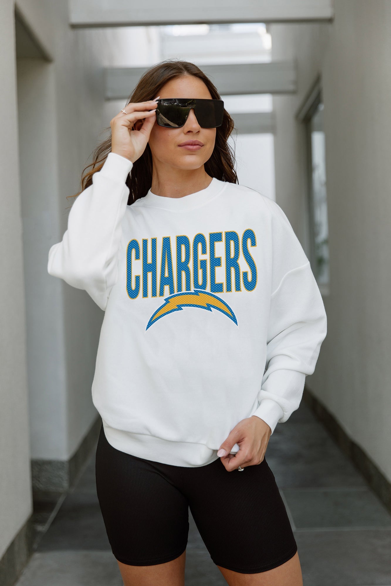 LOS ANGELES CHARGERS JUST GO WITH IT PREMIUM FLEECE DROP SHOULDER CREWNECK PULLOVER