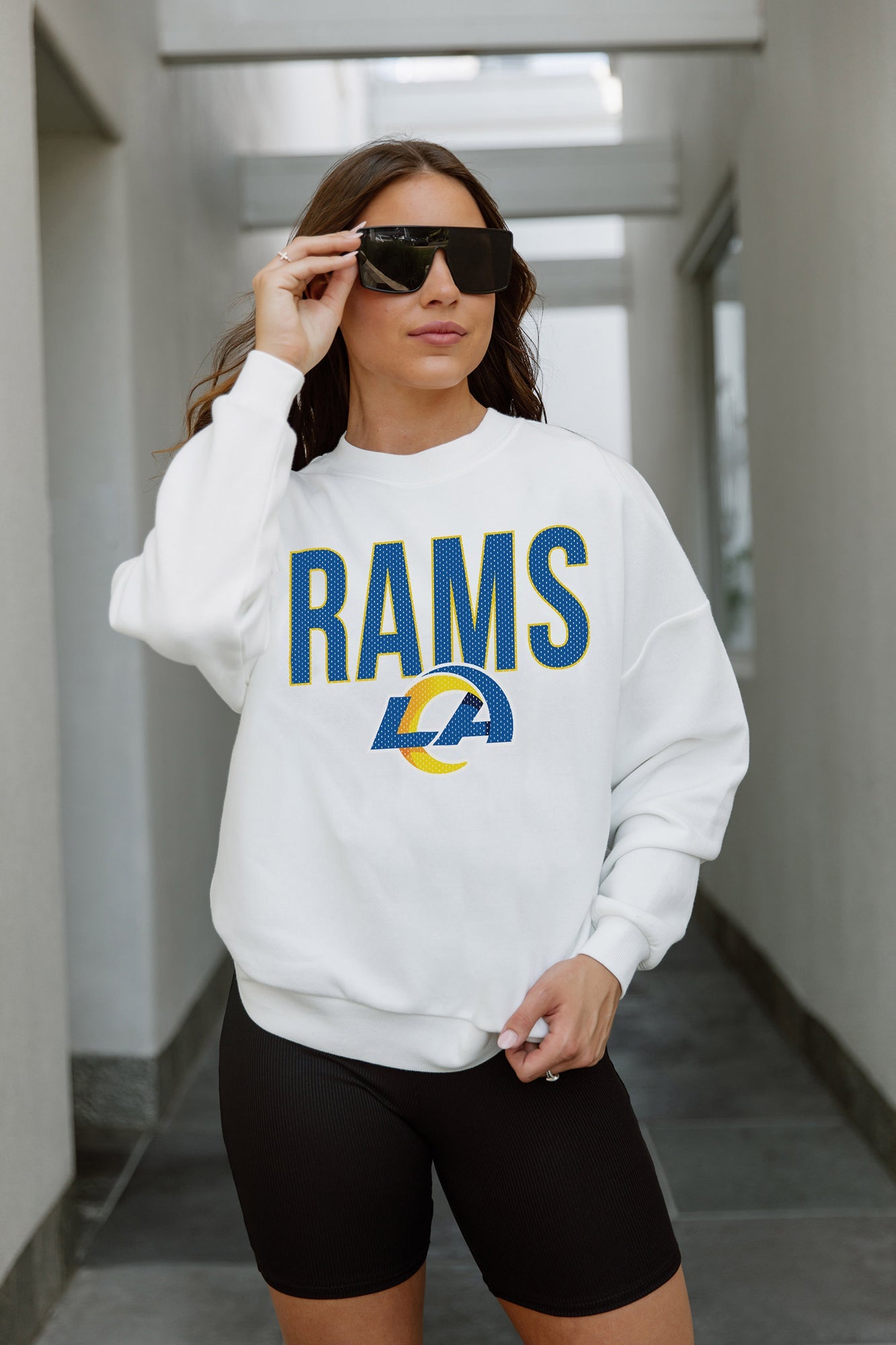 LOS ANGELES RAMS JUST GO WITH IT PREMIUM FLEECE DROP SHOULDER CREWNECK PULLOVER