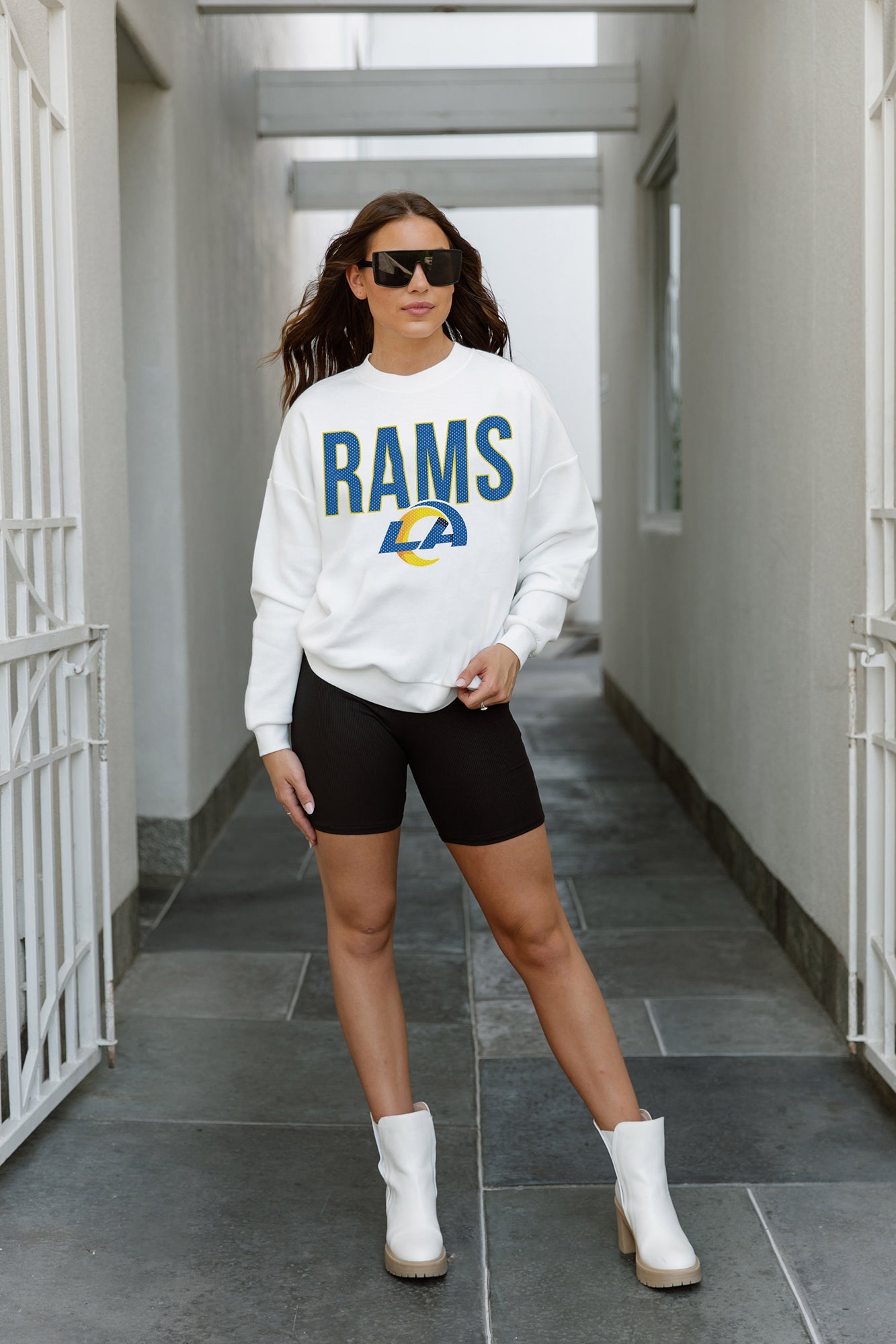 LOS ANGELES RAMS JUST GO WITH IT PREMIUM FLEECE DROP SHOULDER CREWNECK PULLOVER