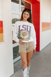 LSU TIGERS TIME TO TAILGATE PREMIUM FLEECE DROP SHOULDER CREWNECK PULLOVER BY MADI PREWETT