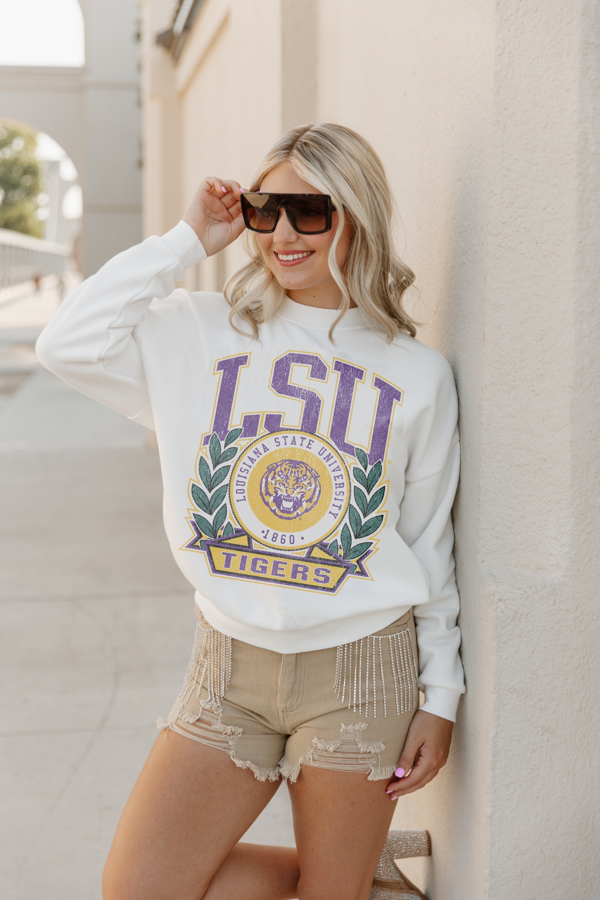 LSU TIGERS TIME TO TAILGATE PREMIUM FLEECE DROP SHOULDER CREWNECK PULLOVER BY MADI PREWETT