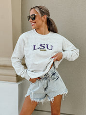 LSU TIGERS NUMBER ONE FAN PREMIUM FLEECE DROP SHOULDER CREWNECK PULLOVER BY MADI PREWETT