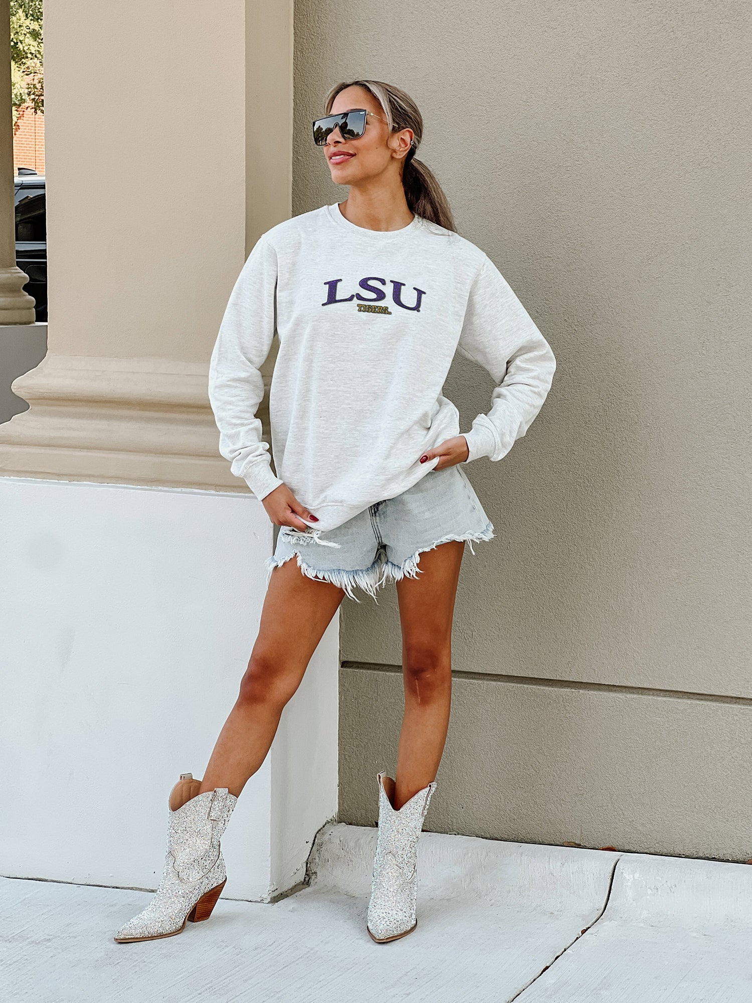 LSU TIGERS NUMBER ONE FAN PREMIUM FLEECE DROP SHOULDER CREWNECK PULLOVER BY MADI PREWETT