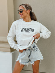 MICHIGAN STATE SPARTANS NUMBER ONE FAN PREMIUM FLEECE DROP SHOULDER CREWNECK PULLOVER BY MADI PREWETT