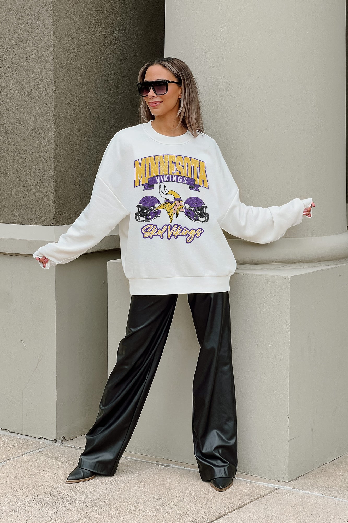 MINNESOTA VIKINGS PASSING TIME PREMIUM FLEECE DROP SHOULDER CREWNECK PULLOVER