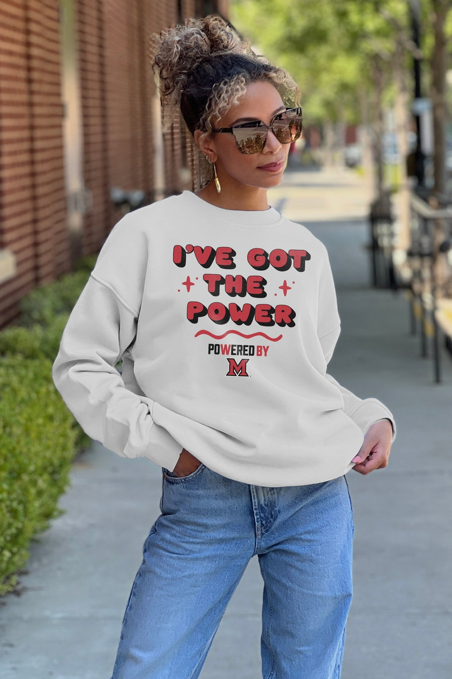 MIAMI OF OHIO REDHAWKS I'VE GOT THE POWER PREMIUM FLEECE DROP SHOULDER CREWNECK PULLOVER