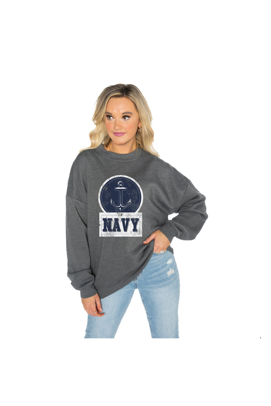 US NAVY MIDSHIPMEN GOOD VIBES PREMIUM FLEECE DROP SHOULDER CREWNECK PULLOVER