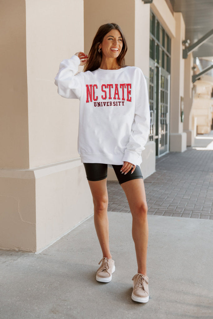 NORTH CAROLINA STATE WOLFPACK WORK FOR IT CREW DROP SHOULDER PULLOVER BY MADI PREWETT