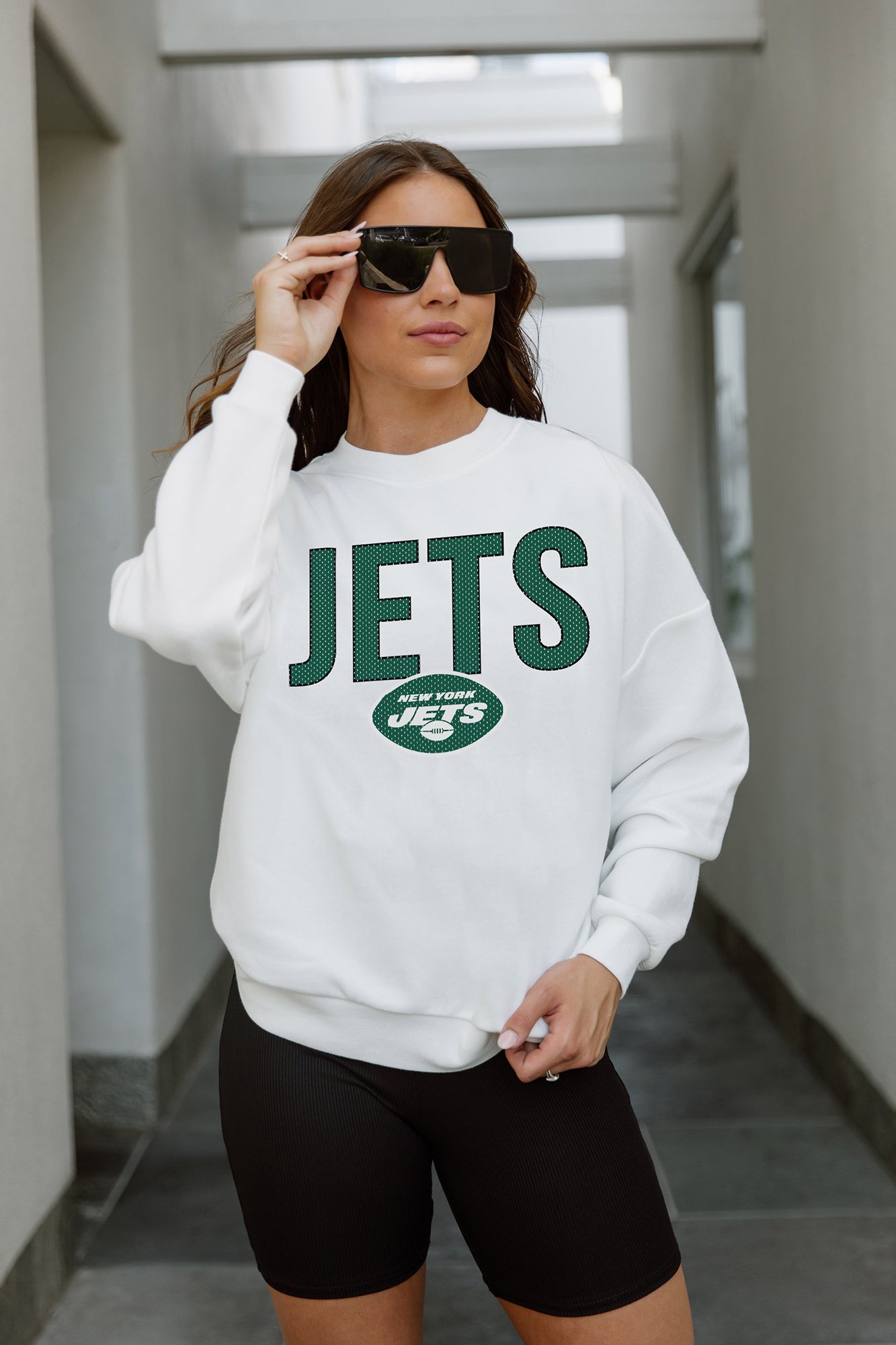 NEW YORK JETS JUST GO WITH IT PREMIUM FLEECE DROP SHOULDER CREWNECK PULLOVER