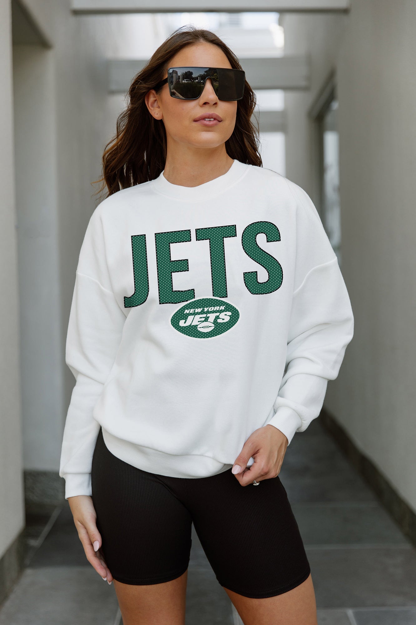 NEW YORK JETS JUST GO WITH IT PREMIUM FLEECE DROP SHOULDER CREWNECK PULLOVER