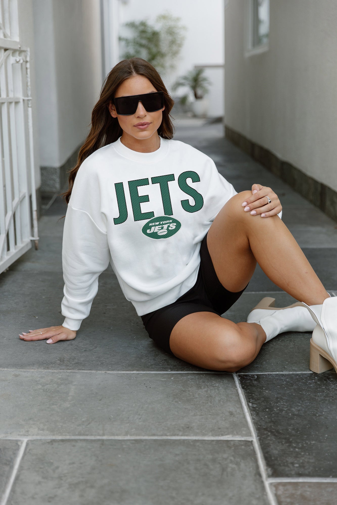 NEW YORK JETS JUST GO WITH IT PREMIUM FLEECE DROP SHOULDER CREWNECK PULLOVER