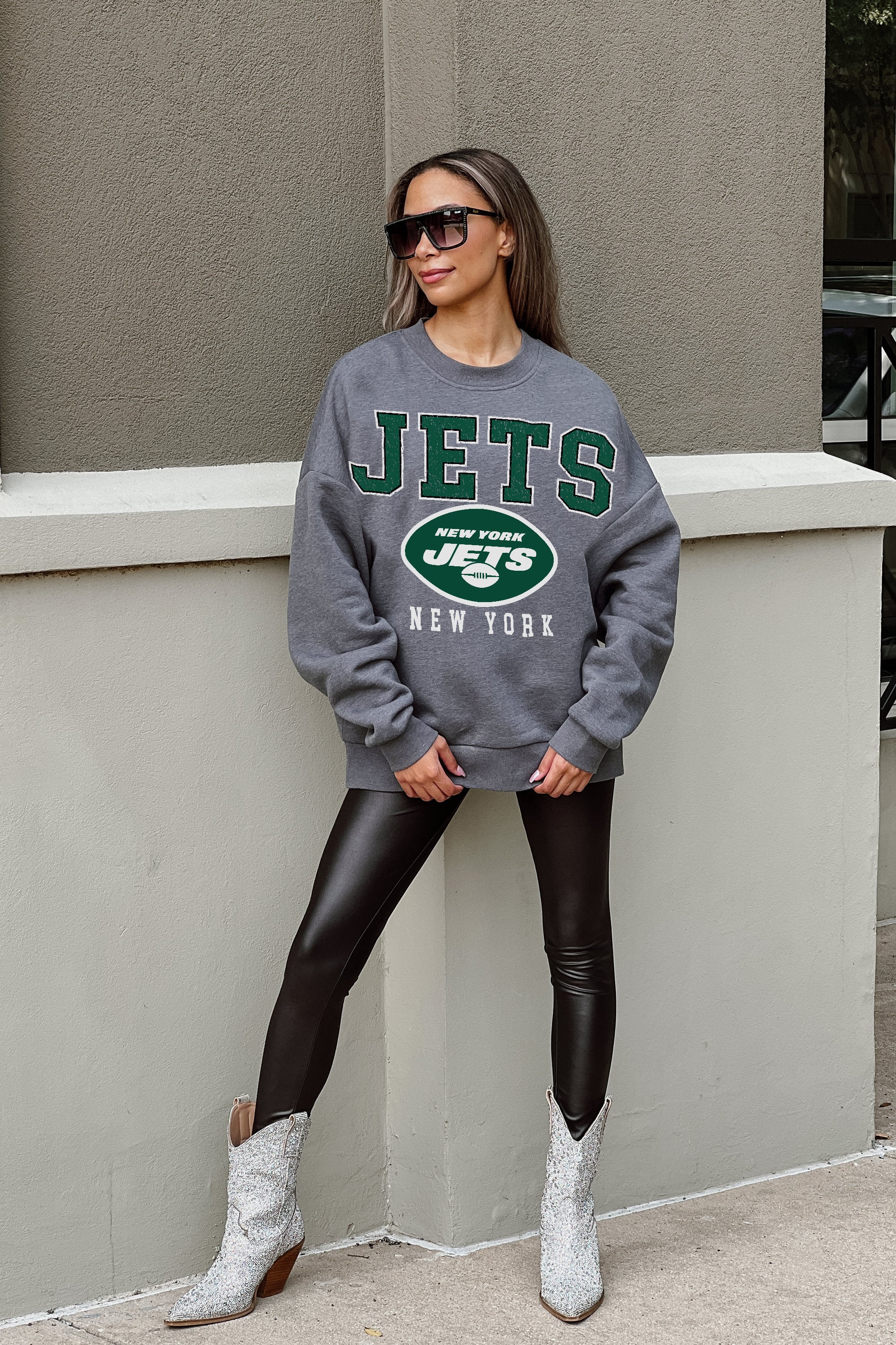 NEW YORK JETS BRING THE ENERGY PREMIUM FLEECE DROP SHOULDER CREWNECK PULLOVER