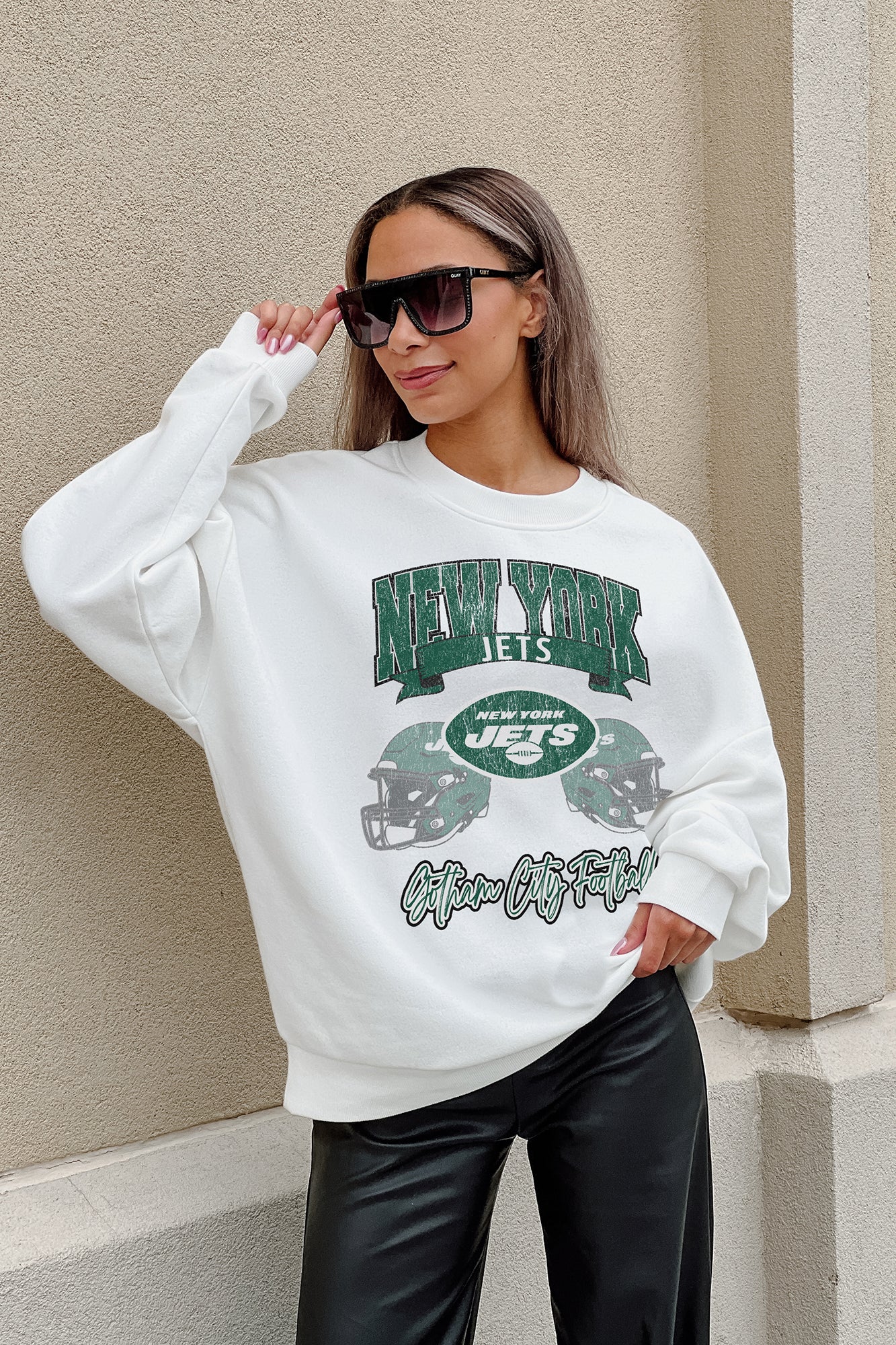 NEW YORK JETS PASSING TIME PREMIUM FLEECE DROP SHOULDER CREWNECK PULLOVER
