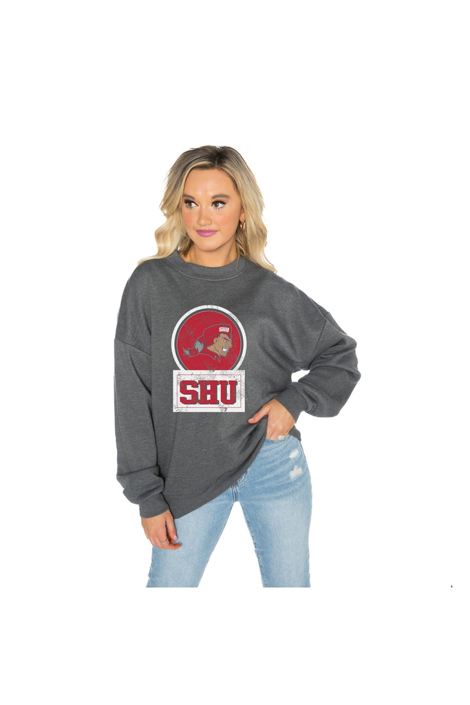 SACRED HEART PIONEERS GOOD VIBES PREMIUM FLEECE DROP SHOULDER CREWNECK PULLOVER