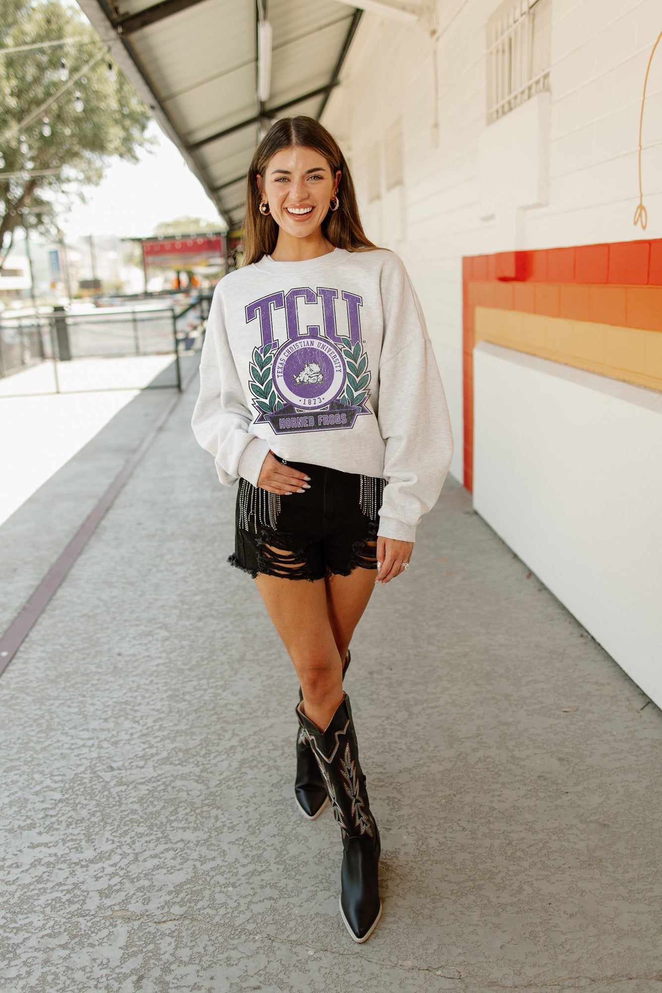 TCU HORNED FROGS GO FIGHT WIN PREMIUM FLEECE DROP SHOULDER CREWNECK PULLOVER BY MADI PREWETT
