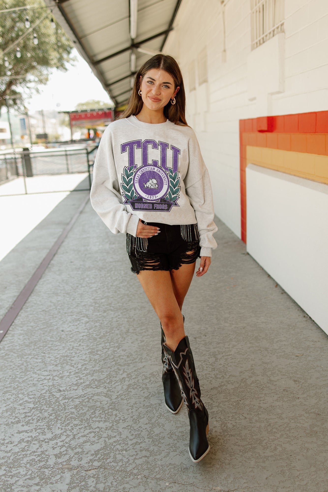 TCU HORNED FROGS GO FIGHT WIN PREMIUM FLEECE DROP SHOULDER CREWNECK PULLOVER BY MADI PREWETT