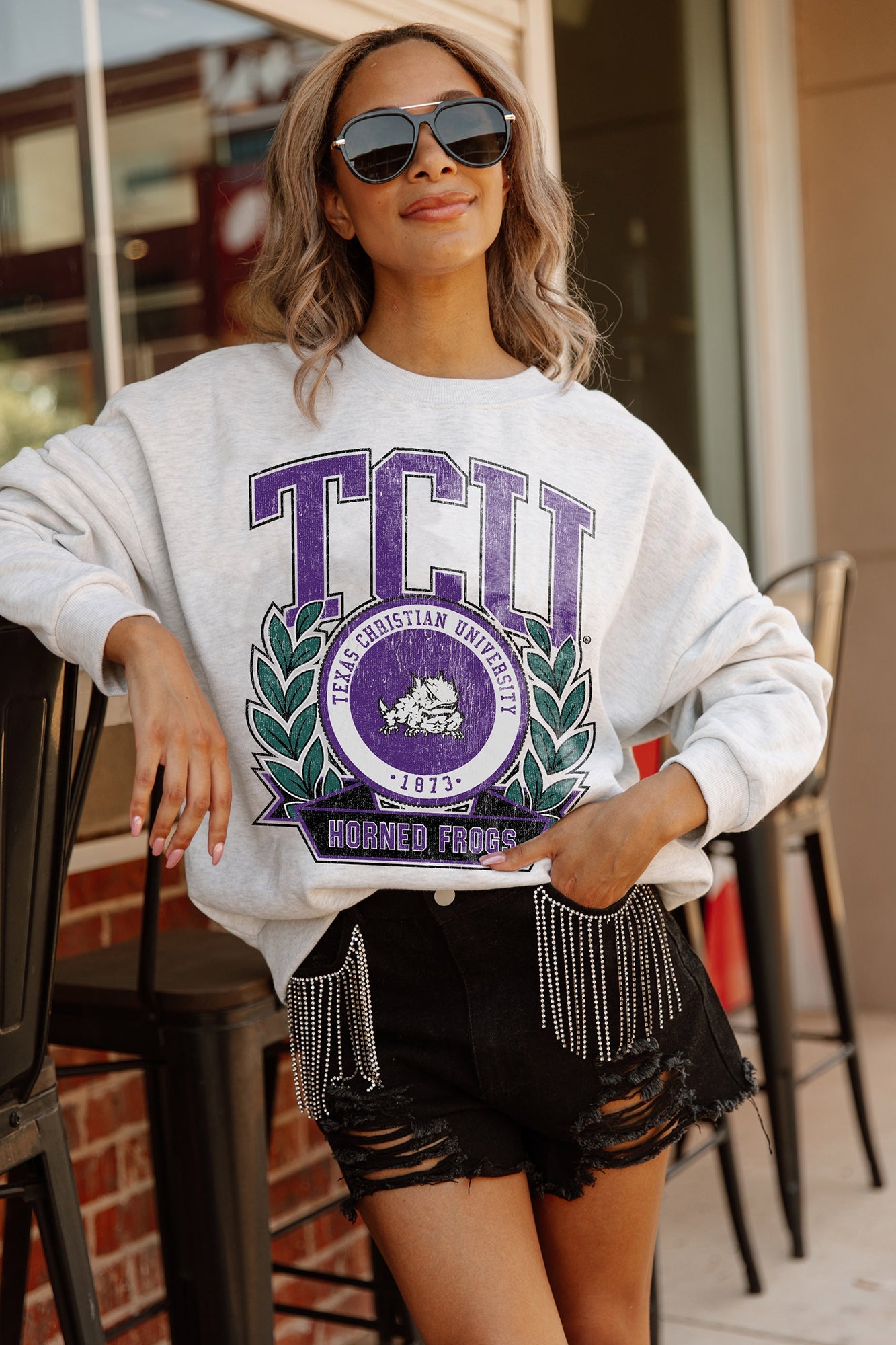 TCU HORNED FROGS GO FIGHT WIN PREMIUM FLEECE DROP SHOULDER CREWNECK PULLOVER BY MADI PREWETT