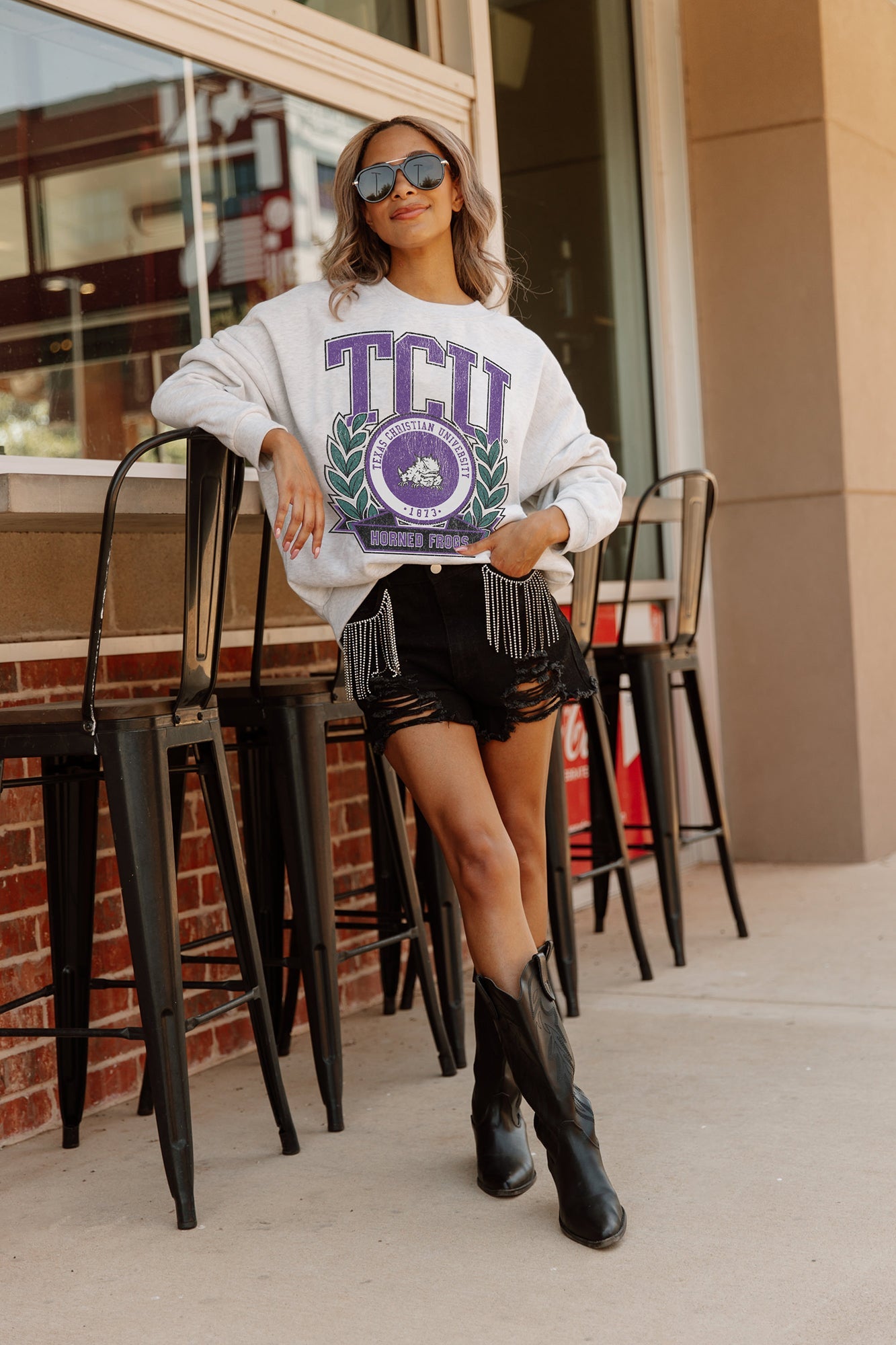 TCU HORNED FROGS GO FIGHT WIN PREMIUM FLEECE DROP SHOULDER CREWNECK PULLOVER BY MADI PREWETT