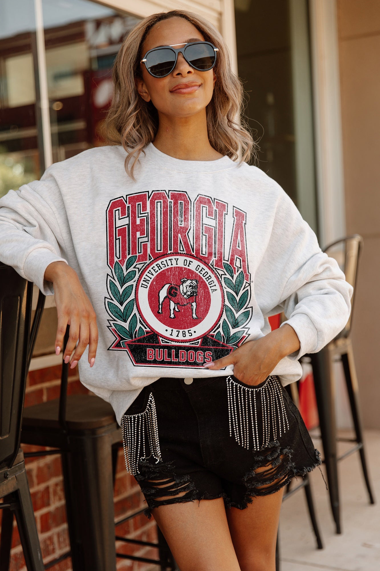 GEORGIA BULLDOGS GO FIGHT WIN PREMIUM FLEECE DROP SHOULDER CREWNECK PULLOVER BY MADI PREWETT