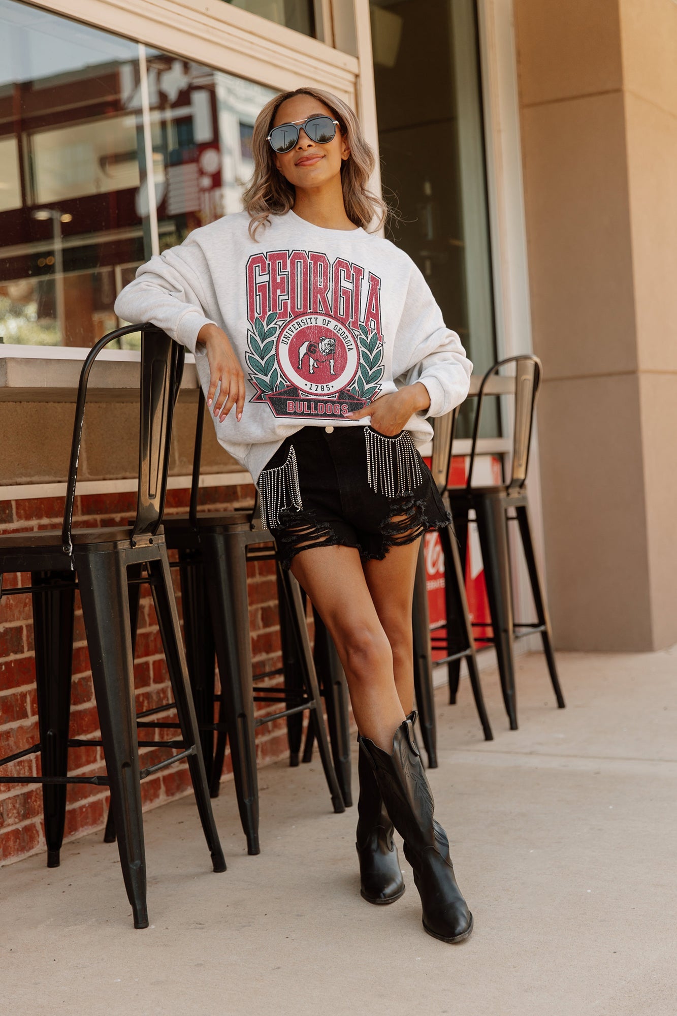 GEORGIA BULLDOGS GO FIGHT WIN PREMIUM FLEECE DROP SHOULDER CREWNECK PULLOVER BY MADI PREWETT