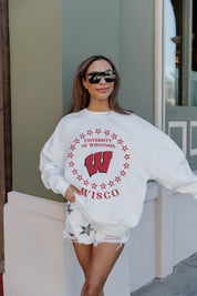 White Wisconsin Badgers Superstar Fleece Crewneck Pullover - Front Graphic Detail On Model | Gameday Couture - SOHO