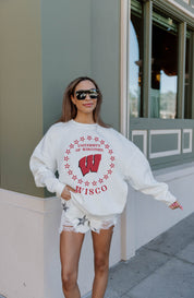 White Wisconsin Badgers Superstar Fleece Drop Shoulder Crewneck Pullover - Back View On Model | Gameday Couture - SOHO