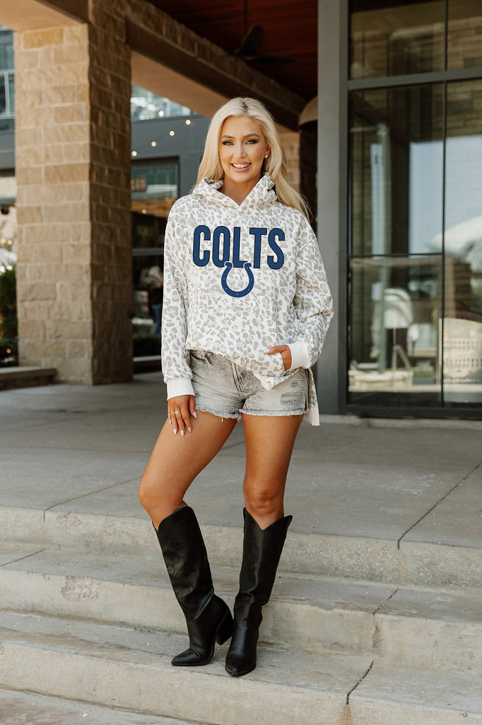 INDIANAPOLIS COLTS SIDELINE HOODED LEOPARD FLEECE PULLOVER WITH FRONT POCKET AND SIDE-SLIT DETAIL