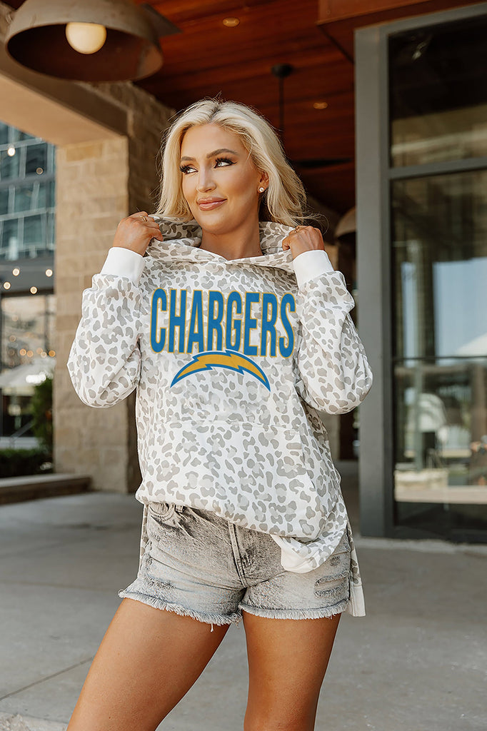 LOS ANGELES CHARGERS SIDELINE HOODED LEOPARD FLEECE PULLOVER WITH FRONT POCKET AND SIDE-SLIT DETAIL