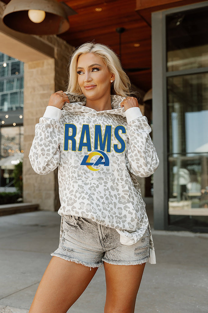 LOS ANGELES RAMS SIDELINE HOODED LEOPARD FLEECE PULLOVER WITH FRONT POCKET AND SIDE-SLIT DETAIL