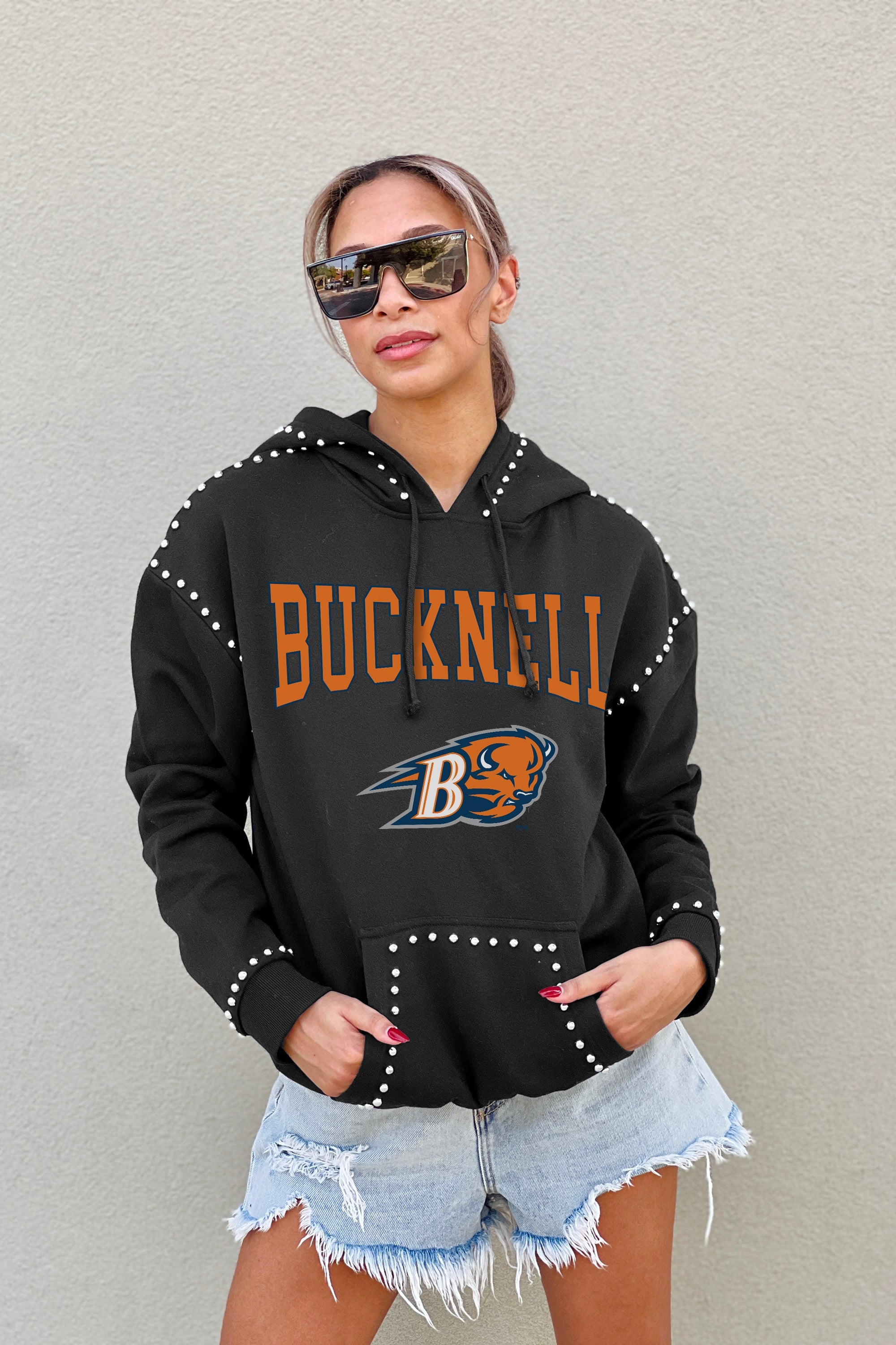 BUCKNELL BISON BELLE OF THE BALL STUDDED DETAIL FLEECE FRONT POCKET HOODIE