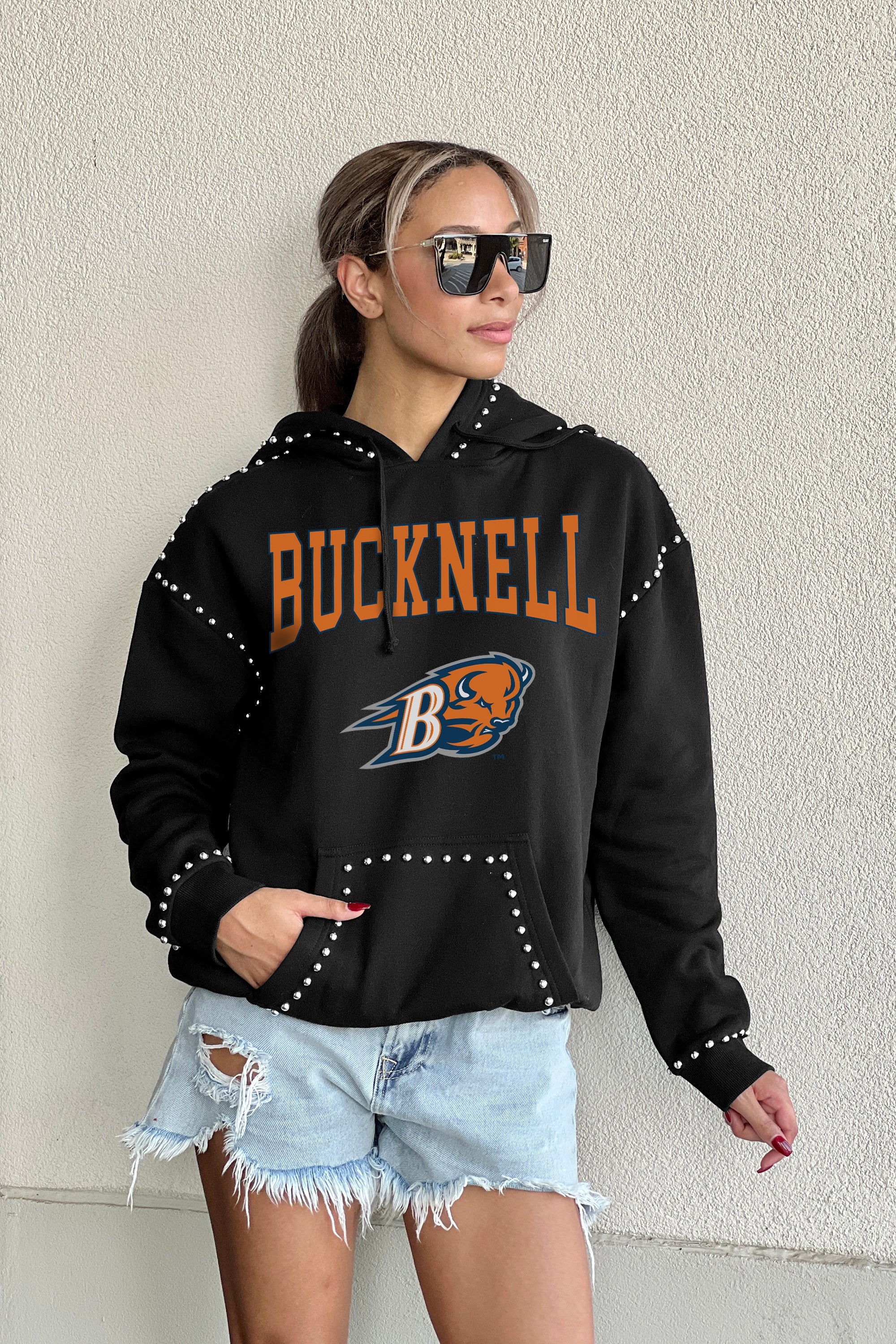 BUCKNELL BISON BELLE OF THE BALL STUDDED DETAIL FLEECE FRONT POCKET HOODIE