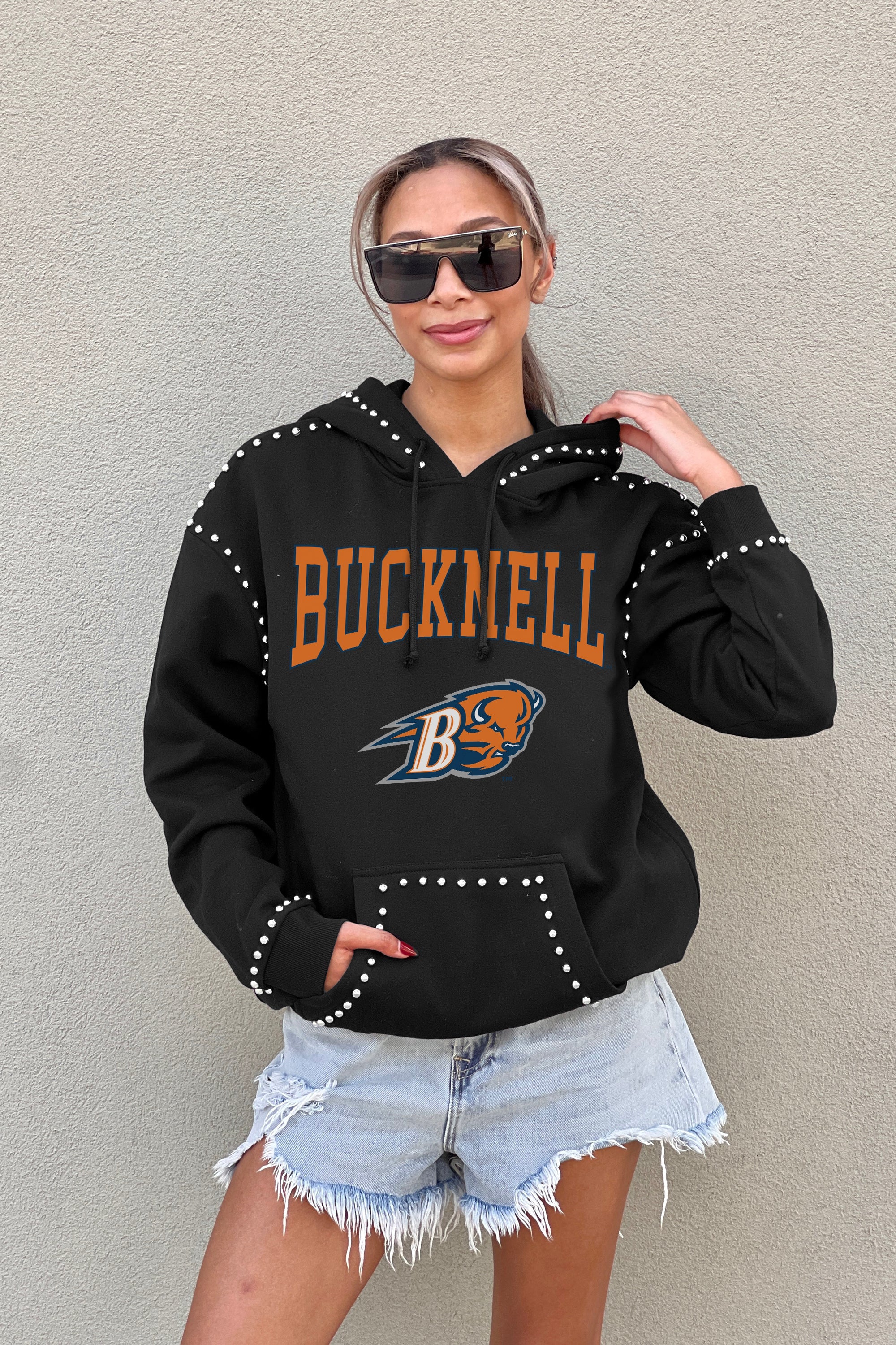 BUCKNELL BISON BELLE OF THE BALL STUDDED DETAIL FLEECE FRONT POCKET HOODIE