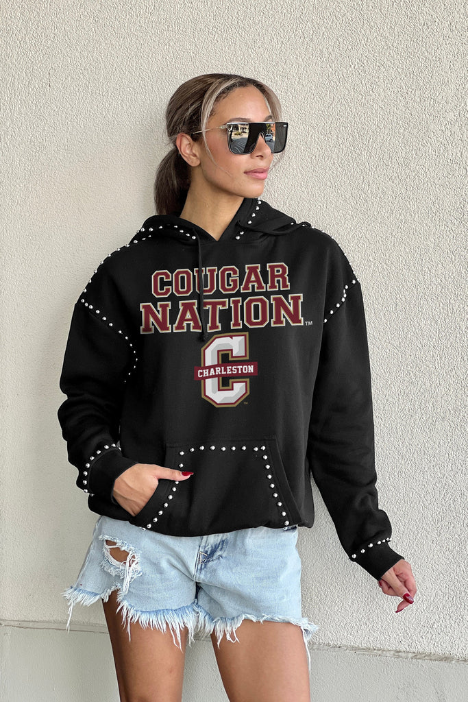 CHARLESTON COUGARS BELLE OF THE BALL STUDDED DETAIL FLEECE FRONT POCKET HOODIE