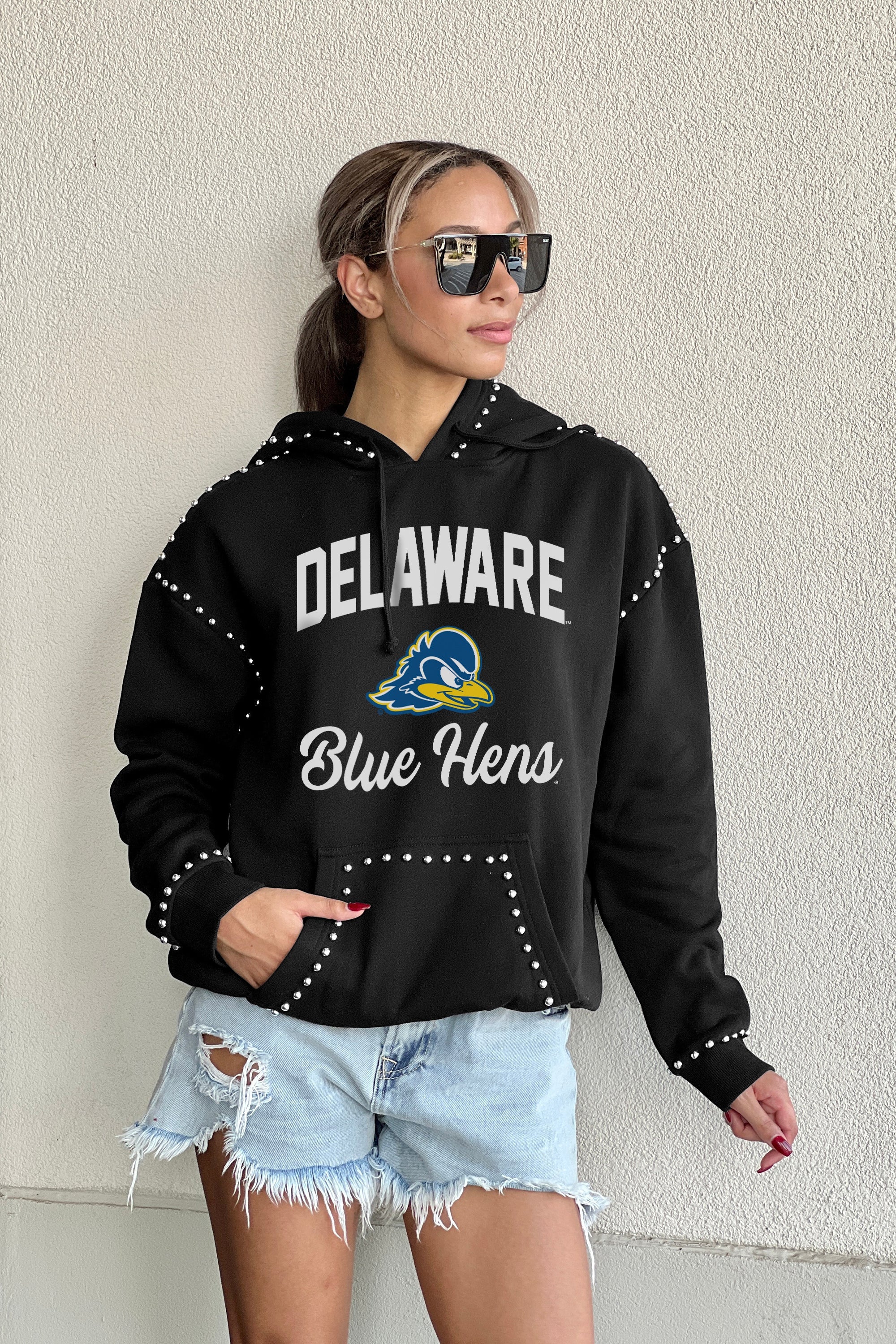 DELAWARE BLUE HENS HERE FOR IT STUDDED DETAIL FLEECE FRONT POCKET HOODIE