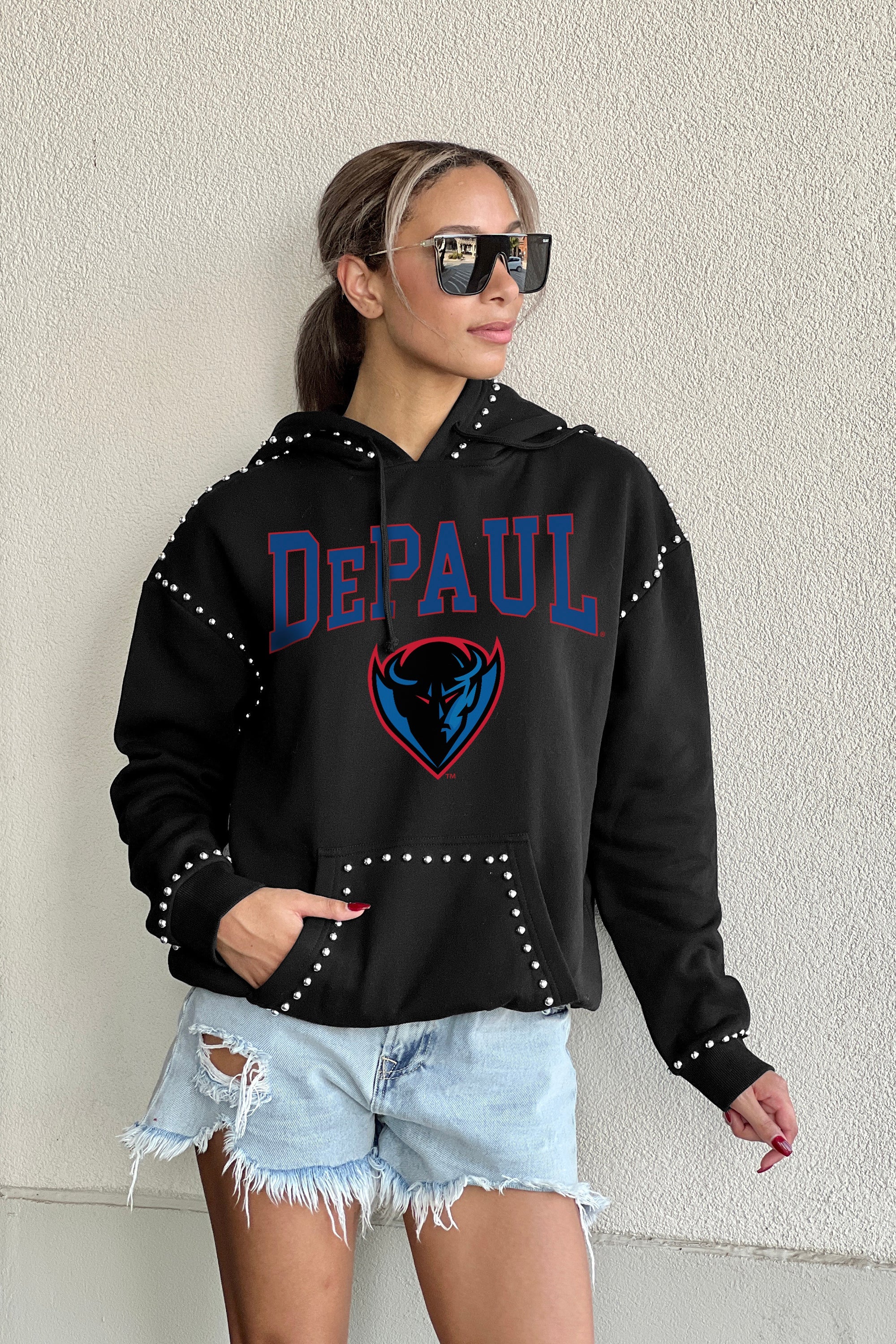 DEPAUL BLUE DEMONS BELLE OF THE BALL STUDDED DETAIL FLEECE FRONT POCKET HOODIE