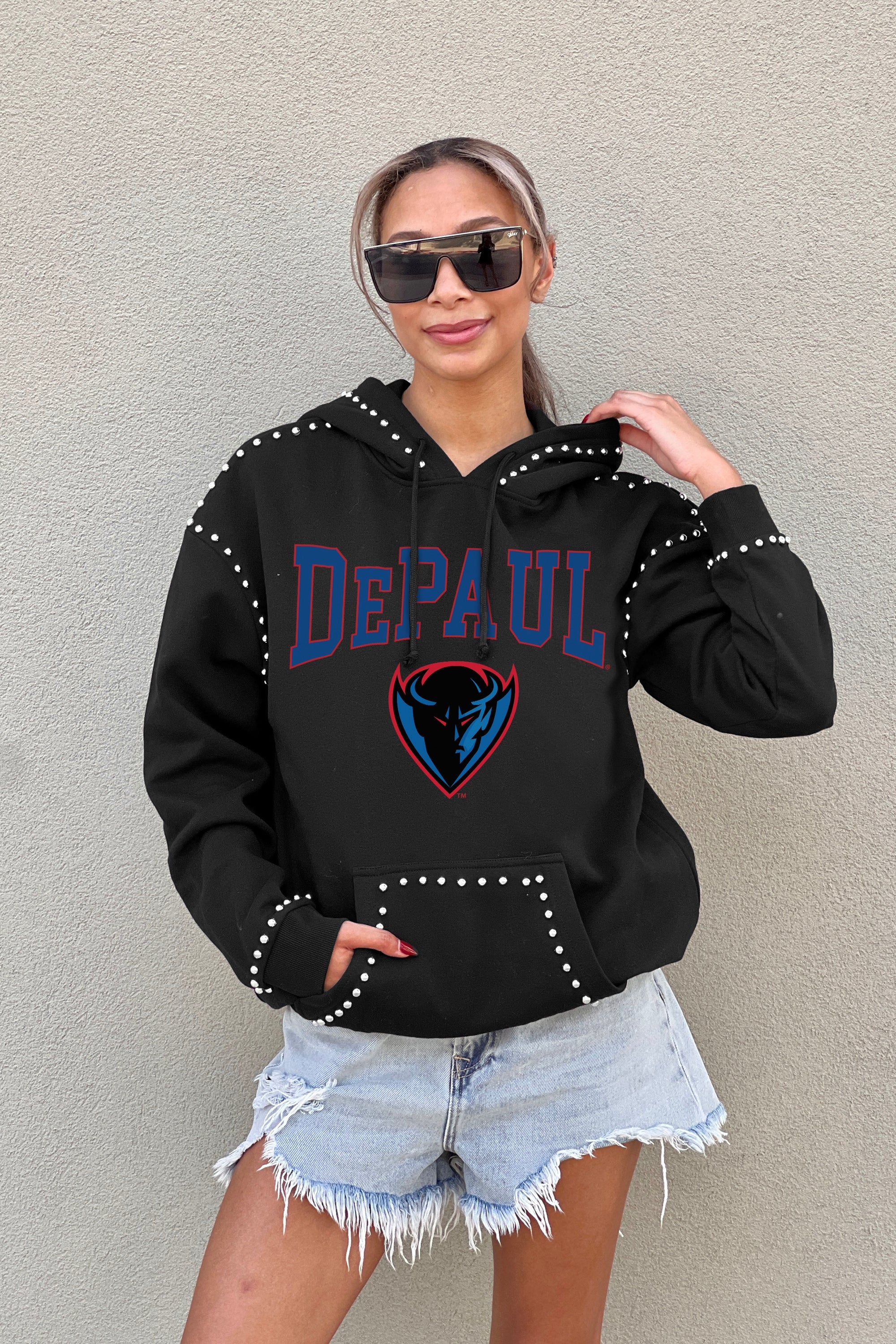 DEPAUL BLUE DEMONS BELLE OF THE BALL STUDDED DETAIL FLEECE FRONT POCKET HOODIE