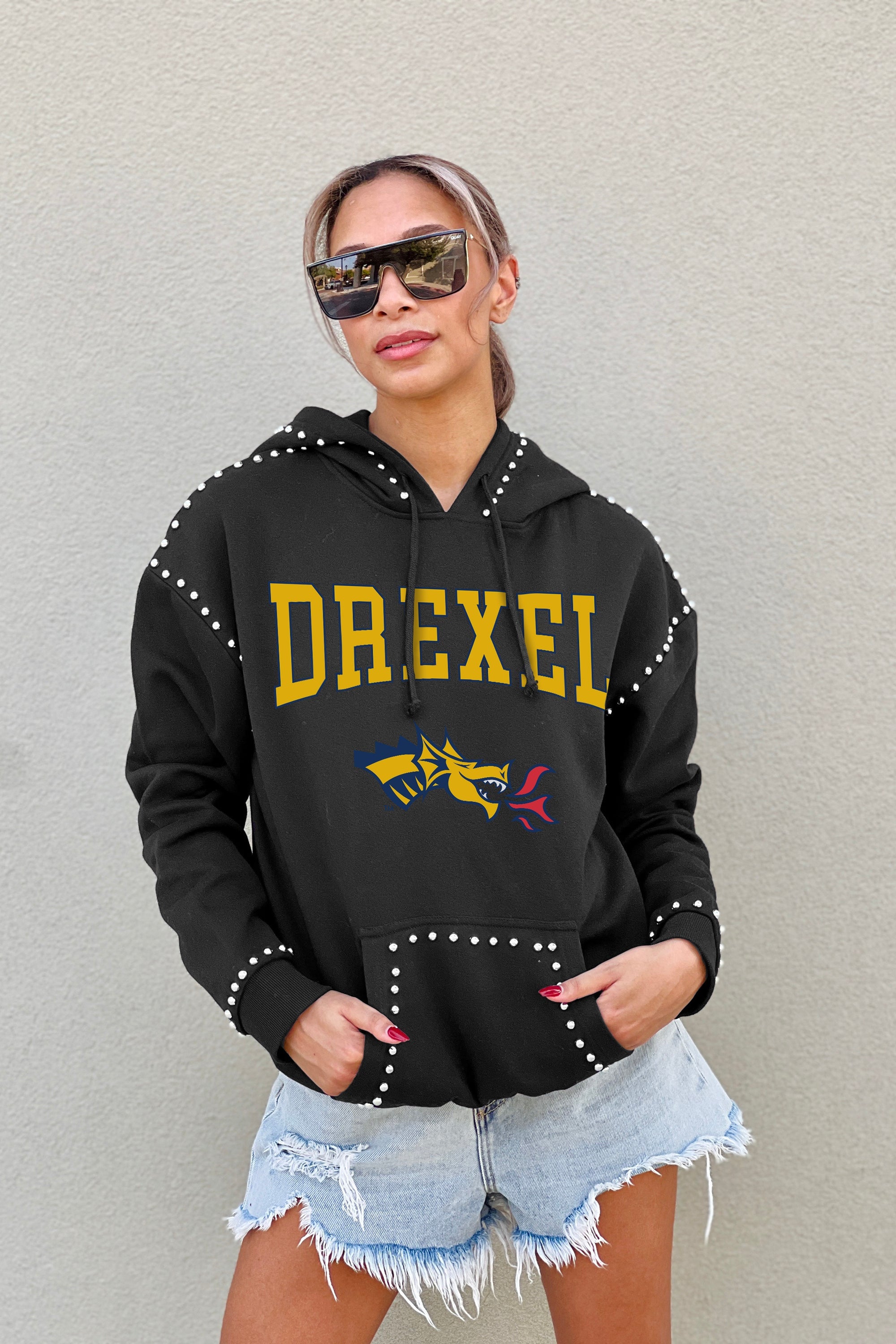 DREXEL UNIVERSITY DRAGONS BELLE OF THE BALL STUDDED DETAIL FLEECE FRONT POCKET HOODIE