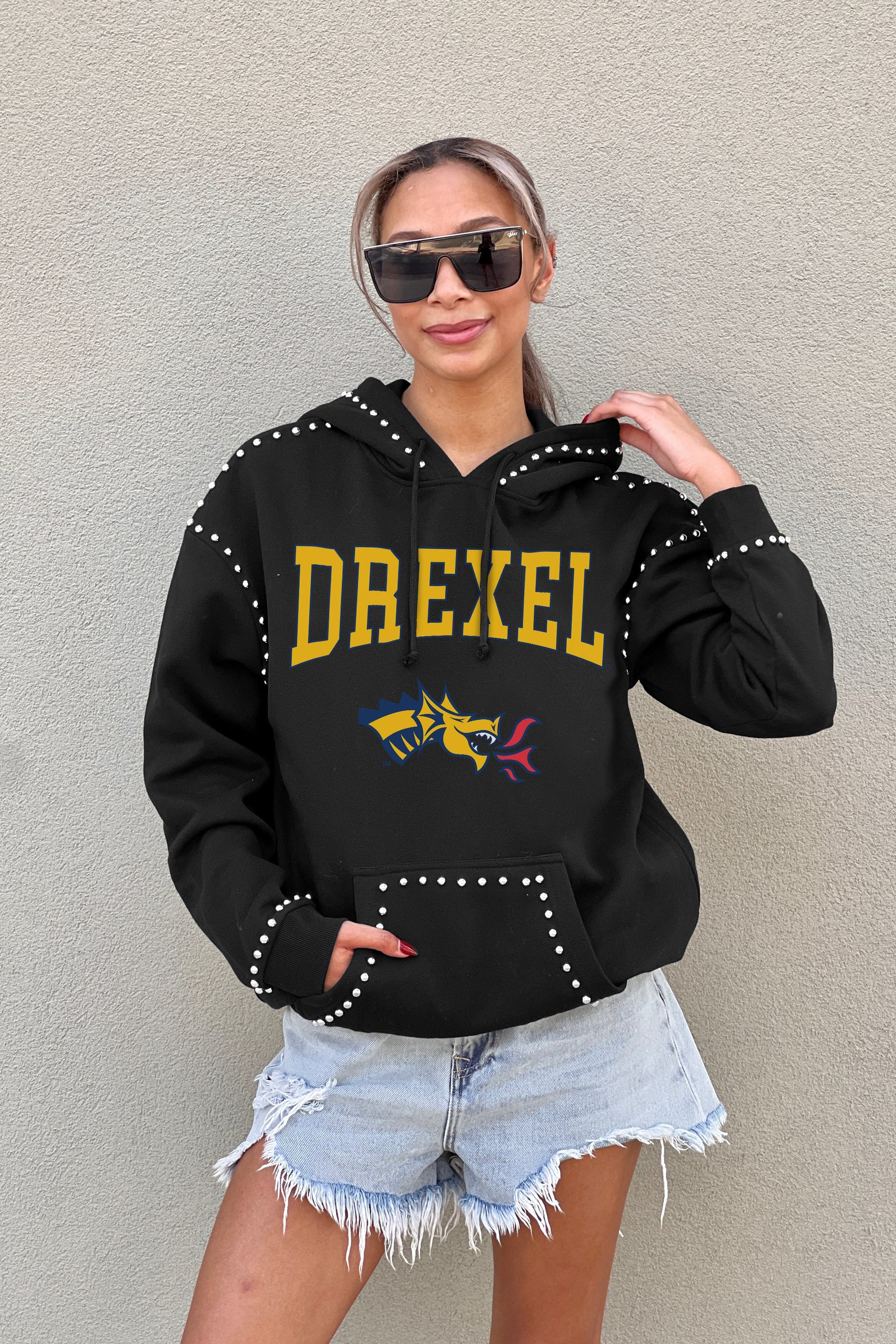 DREXEL UNIVERSITY DRAGONS BELLE OF THE BALL STUDDED DETAIL FLEECE FRONT POCKET HOODIE
