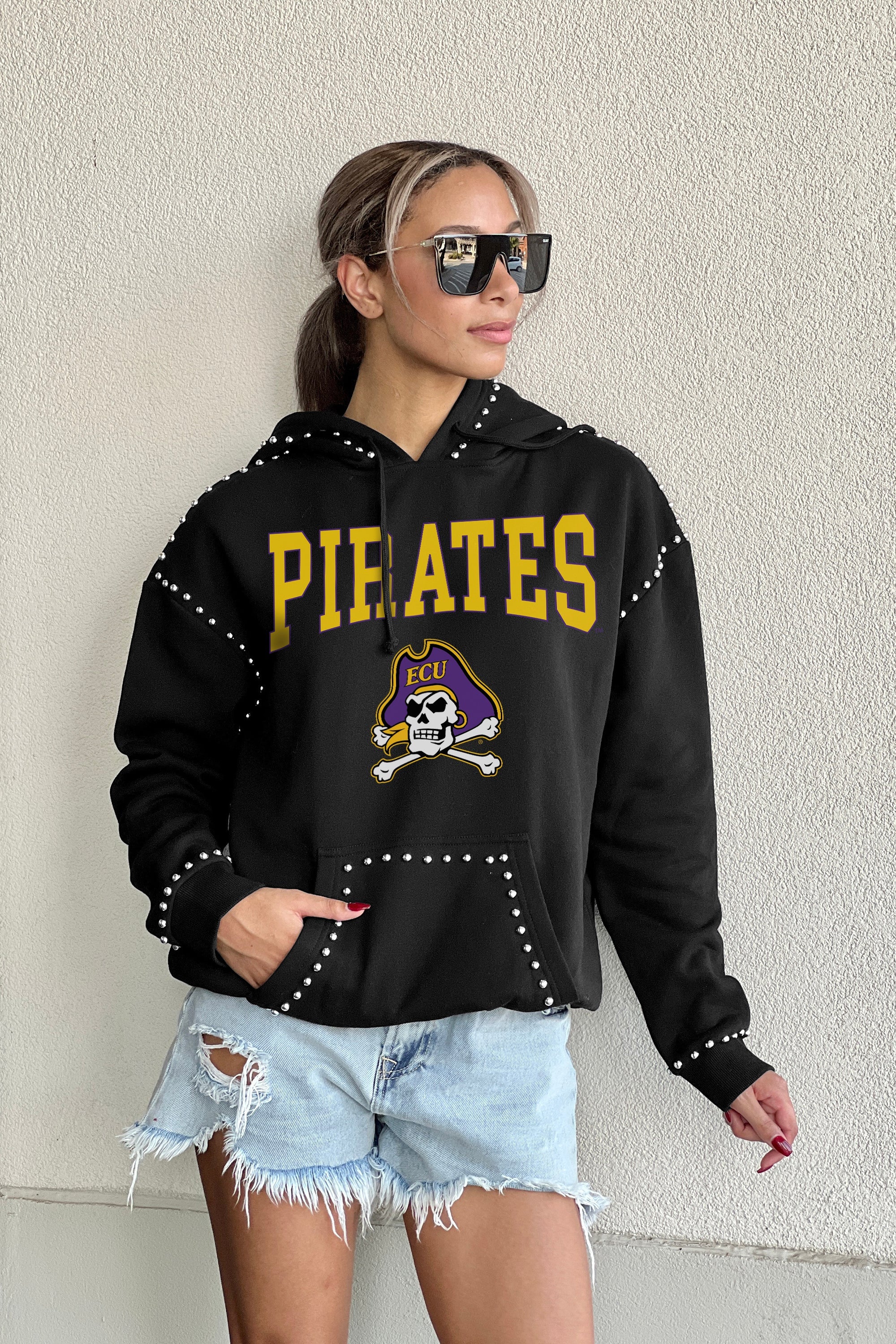 EAST CAROLINA PIRATES BELLE OF THE BALL STUDDED DETAIL FLEECE FRONT POCKET HOODIE