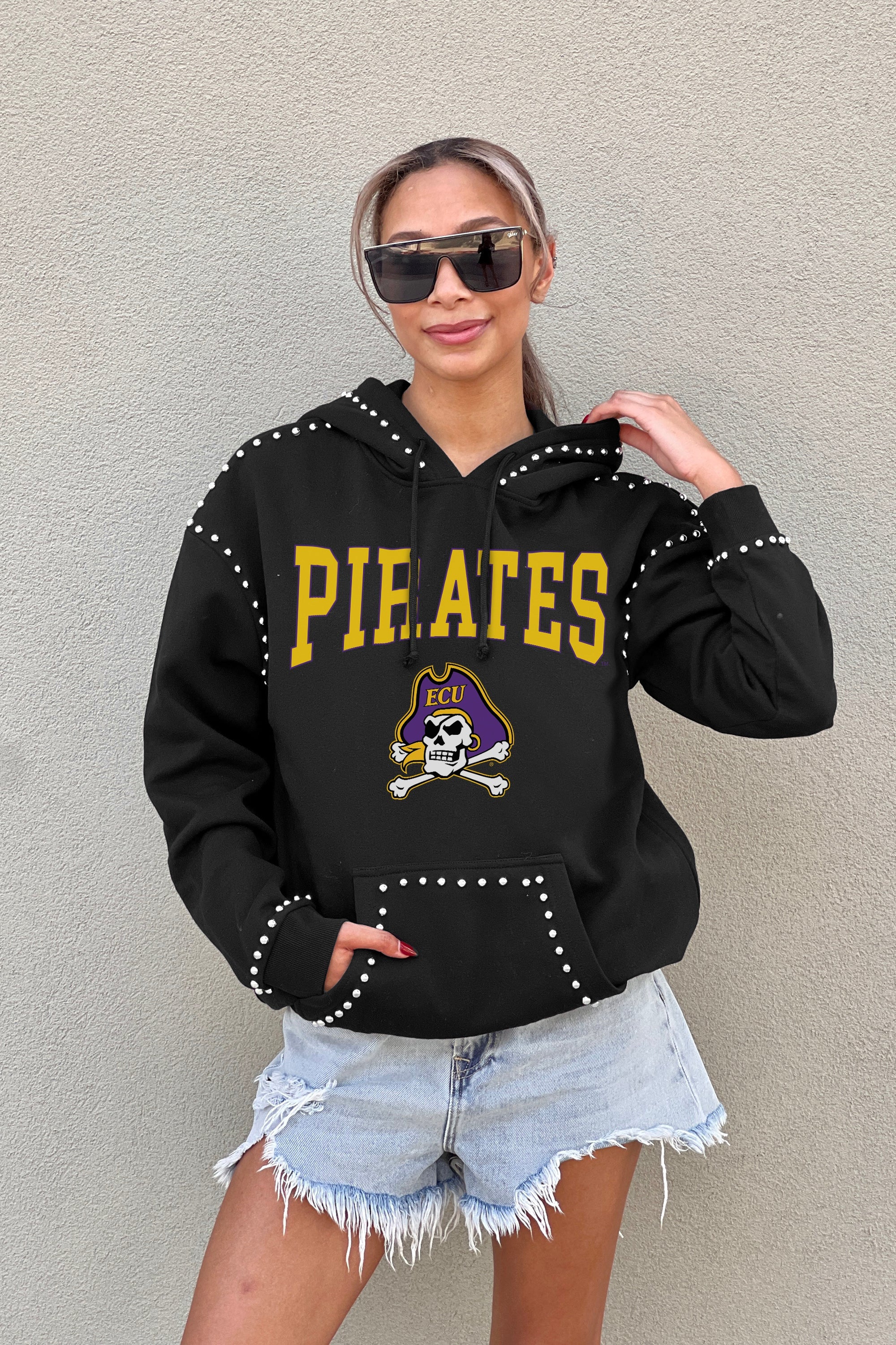 EAST CAROLINA PIRATES BELLE OF THE BALL STUDDED DETAIL FLEECE FRONT POCKET HOODIE