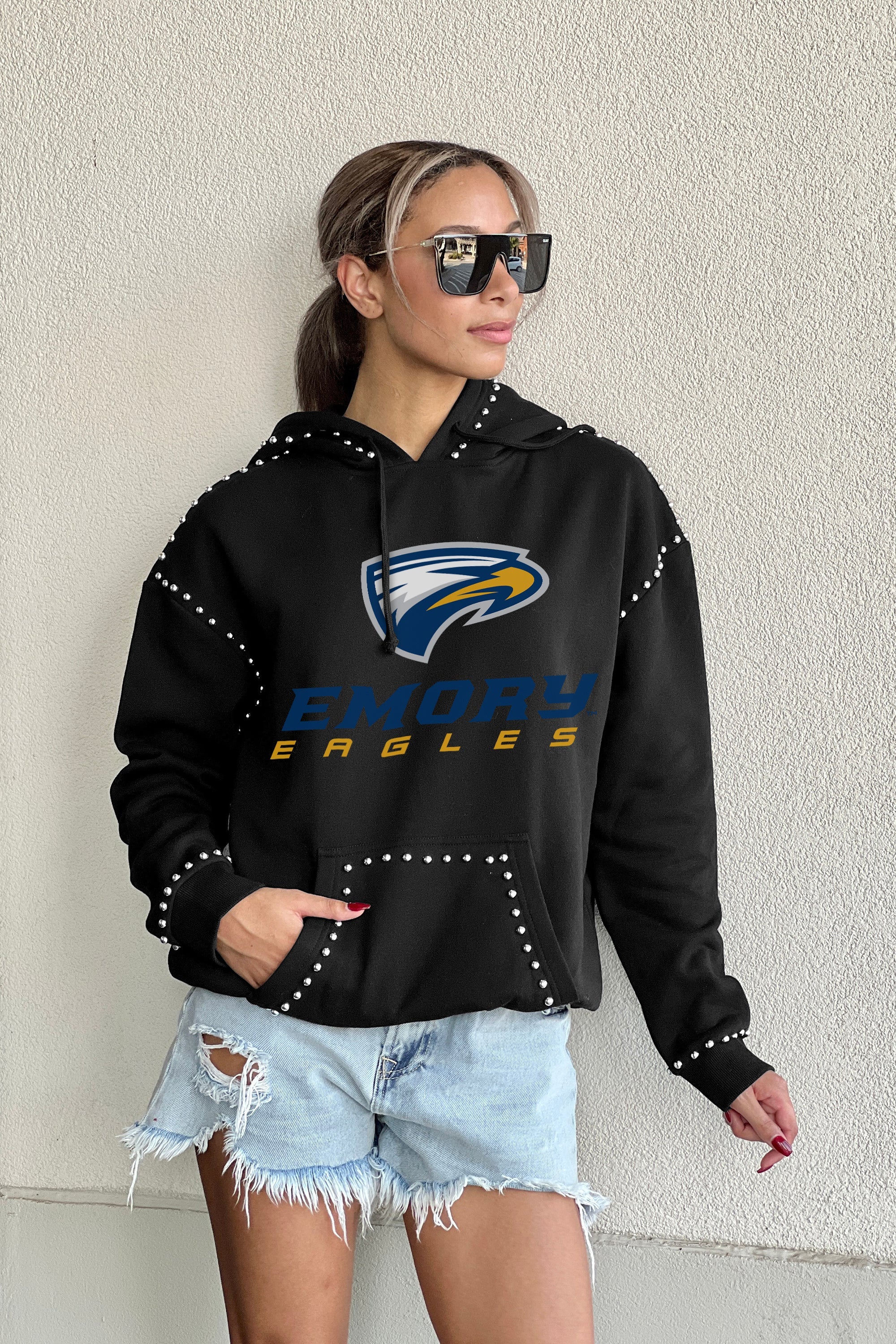 EMORY EAGLES BELLE OF THE BALL STUDDED DETAIL FLEECE HOODIE - Side Profile View | Gameday Couture - SOHO