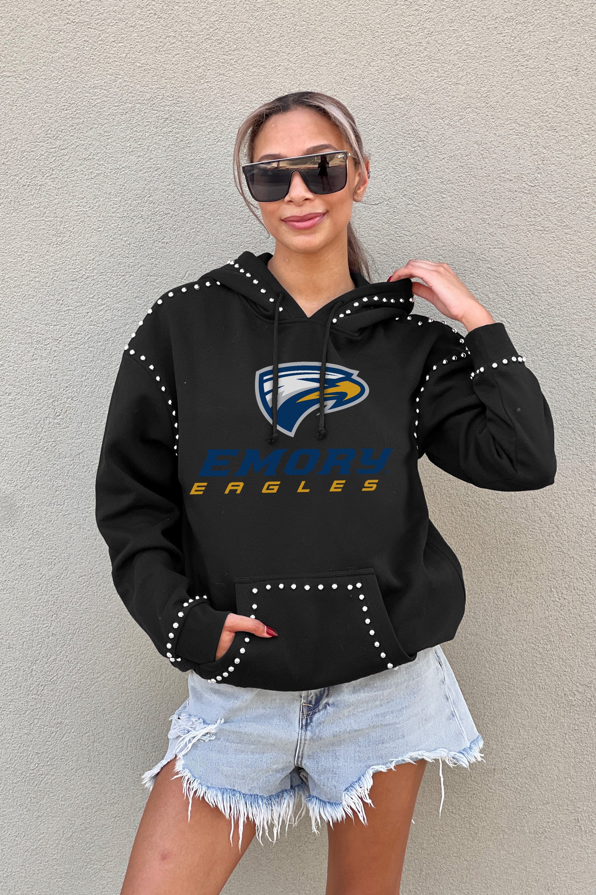 EMORY EAGLES BELLE OF THE BALL STUDDED DETAIL FLEECE HOODIE - Front Styled Look | Gameday Couture - SOHO