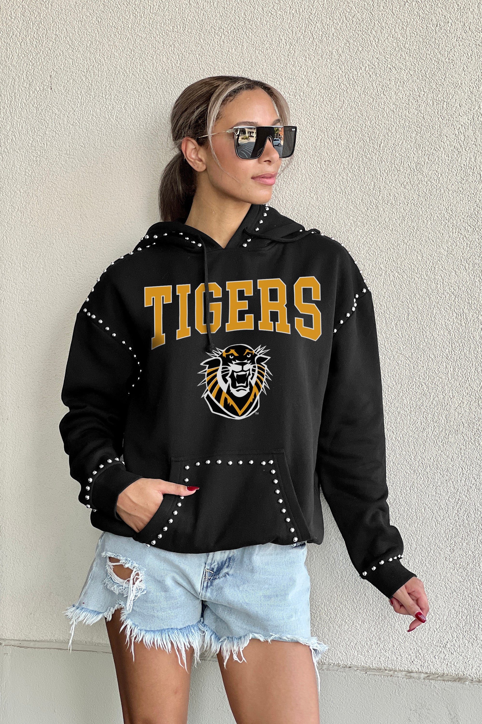 FORT HAYS STATE TIGERS BELLE OF THE BALL STUDDED DETAIL FLEECE FRONT POCKET HOODIE